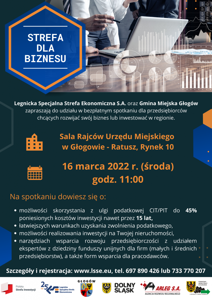Plakat spotkania dla przedsiębiorców chcących rozwijać swój biznes lub inwestować w regionie