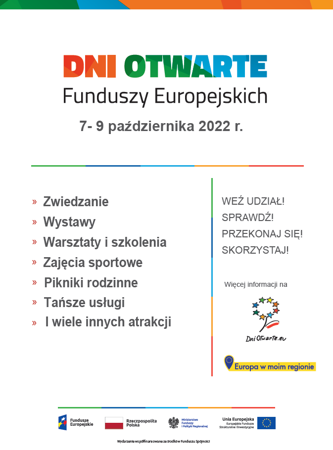 Plakat wydarzenia Dni Otwarte Funduszy Europejskie 7-9 października 2022 r.