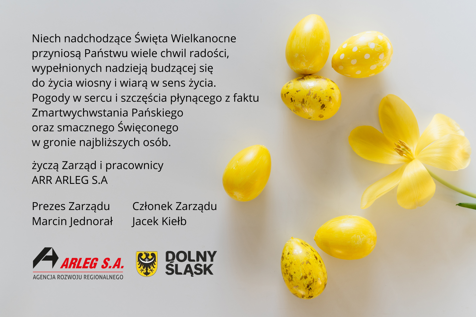 Niech nadchodzące Święta Wielkanocne
przyniosą Państwu wiele chwil radości,
wypełnionych nadzieją budzącej się 
do życia wiosny i wiarą w sens życia.
Pogody w sercu i szczęścia płynącego z faktu
Zmartwychwstania Pańskiego
oraz smacznego Święconego
w gronie najbliższych osób.